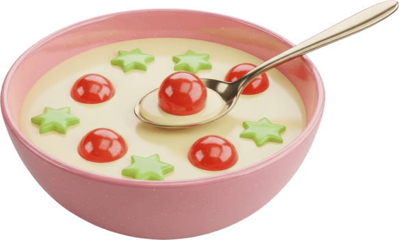 Sweet dessert soup in a pink bowl with colorful star and berry shaped candies png