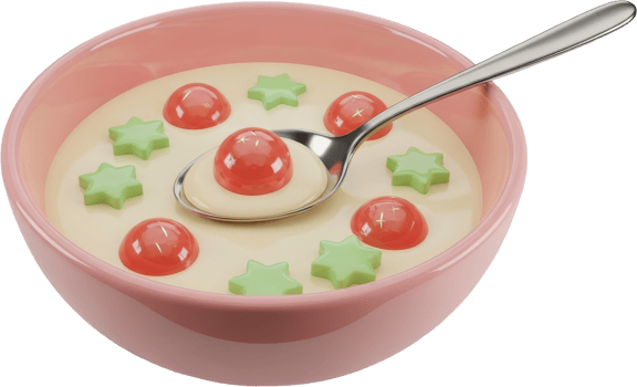 Sweet creamy yellow soup in a pastel pink bowl with red spheres and green star shapes png