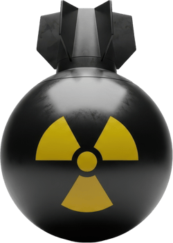 Polished charcoal black atomic bomb with vibrant yellow radiation symbol png