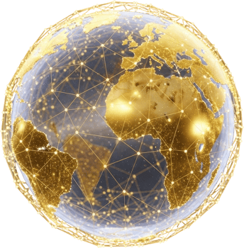 Digital earth globe with glowing gold connections representing global communication png