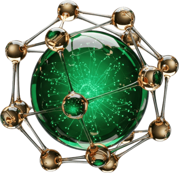 Futuristic emerald green sphere with glowing internal network and metallic grid png