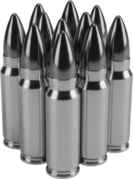 Collection of sleek rifle bullets featuring shiny silver casings and polished black tips png