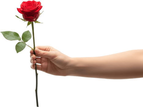 Delicate human hand holding a beautiful single vibrant red rose with a long green stem png