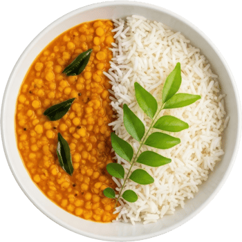 Vibrant orange lentil dal and white rice meal in a bowl, garnished with fresh curry leaves png