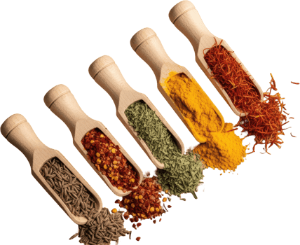 Five wooden scoops filled with assorted colorful spices and dried herbs for cooking png
