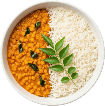 Hearty indian yellow lentil dal and steamed white rice in a bowl, garnished with curry leaves png