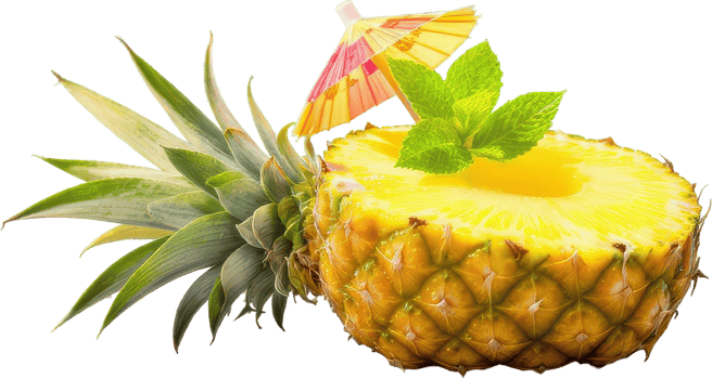 Freshly cut ripe pineapple half with vibrant yellow flesh, garnished with mint and umbrella png