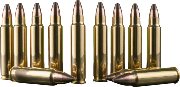 Shiny brass large caliber ammunition rounds for hunting and target practice png