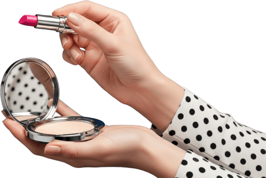 Female hands holding cosmetic items, a silver compact powder and vibrant pink lipstick png