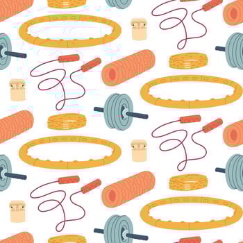 Pattern with fitness items. Headband, headphones, skipping rope, bandage, massage roll. Flat color illustration in a seamless texture. For posters, sportswear, apps, packaging, and blogs about health vector
