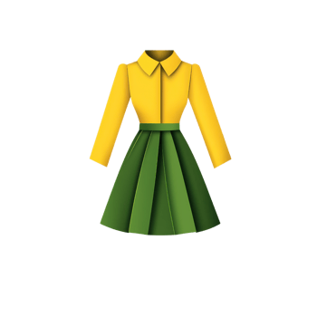 A stylish dress featuring a yellow top with a collar and a green pleated skirt, perfect for casual or semi-formal occasions. png