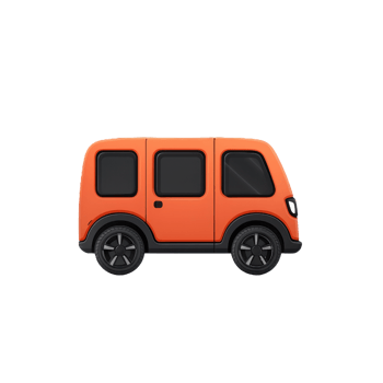 A bright orange minivan with black wheels and windows, designed in a fun, cartoonish style. png