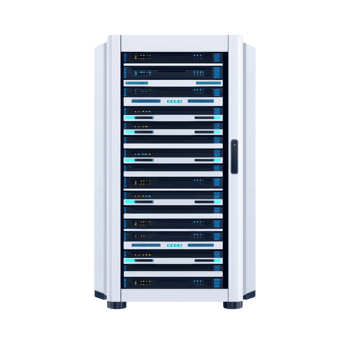 A modern data server rack featuring multiple stacked compartments with illuminated indicators for network and storage management. png