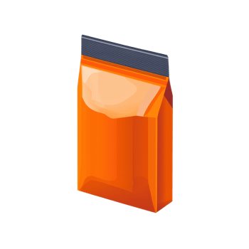 An orange packaging bag with a black top closure, designed for storing various products. png