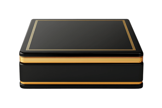 A luxurious black box with gold accents, featuring a smooth surface and elegant design, perfect for storage or as a decorative piece. png