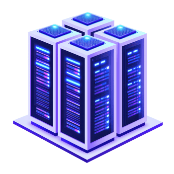 A cluster of futuristic server units with glowing elements, designed for high-tech data processing and storage. png