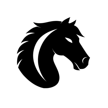 A stylized silhouette of horse head is depicted in black against transparency background, showcasing its mane and facial features in minimalist design png