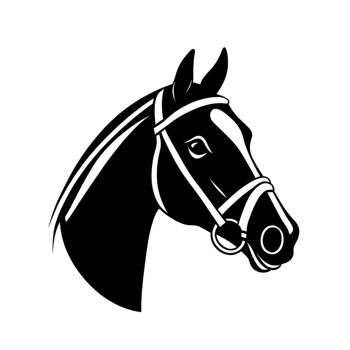 A stylized black and white illustration of horse head, featuring bridle and expressive eyes, captures elegance and strength of animal. simple lines and shading create classic and timeless look png