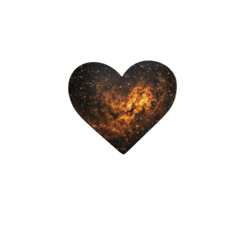 A heart shaped image features vibrant, fiery nebula set against starry night sky, symbolizing cosmic love and wonder. glowing orange and red hues create striking contrast with transparency png