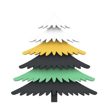 A stylized, colorful Christmas tree illustration features layered branches in white, yellow, black, green, and dark green, creating festive and modern design png