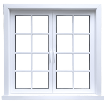 A white double pane window with grid design is shown, featuring two handles for opening. window is set in simple frame, offering clean and modern look png
