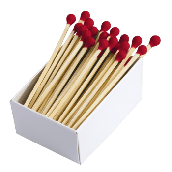 A box of wooden matches with vibrant red tips is displayed, showcasing their simple yet functional design. matches are neatly arranged, highlighting their uniformity and potential use png