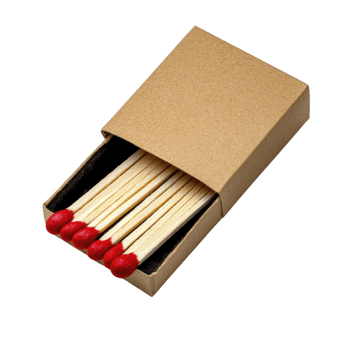 A small cardboard box containing wooden matches with red tips is partially open, revealing matches inside. simple design and natural materials give it classic and functional appearance png
