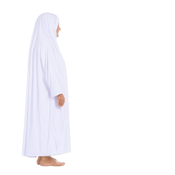 An elderly woman stands in profile, wearing white hijab and robe, symbolizing peace and spirituality. Her serene expression and traditional attire reflect cultural and religious significance png