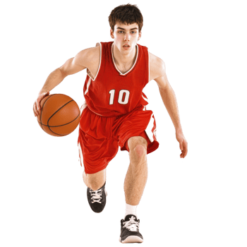 A basketball player in red uniform dribbles ball with focus and determination. athlete dynamic movement and intense expression highlight competitive nature of sport png