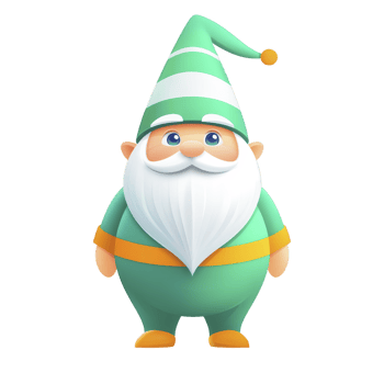 A cheerful cartoon gnome with long white beard and green outfit stands smiling. gnome wears tall, pointed hat with yellow pom pom, adding whimsical touch to its appearance png
