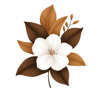 A white flower with detailed petals is surrounded by brown and orange leaves, creating harmonious and elegant design. contrast between flower and leaves adds depth and warmth png