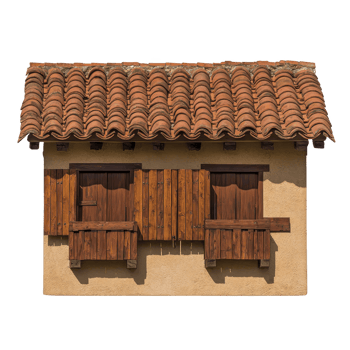 A rustic building facade with clay tile roof and wooden shutters evokes traditional, charming atmosphere. warm tones of stucco walls complement natural wood and terracotta png