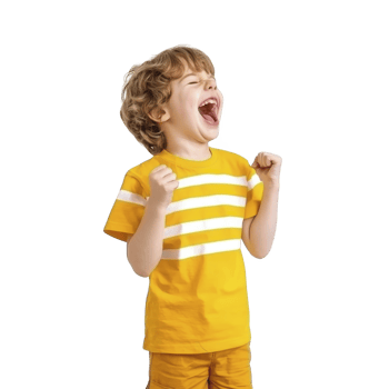 A young boy in yellow striped shirt and shorts is joyfully celebrating with fists raised, expressing excitement and happiness png