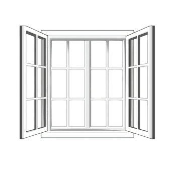 An open white window with multiple panes is shown, inviting sense of openness and fresh air. window clean lines and symmetrical design create feeling of simplicity and elegance png