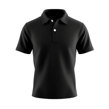 A black polo shirt with classic collar and short sleeves is displayed against transparency background, highlighting its simple and versatile design png