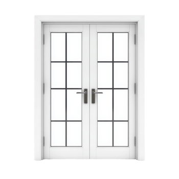 A White double French doors with glass panels and black handles, offering classic and elegant design suitable for both interior and exterior use png
