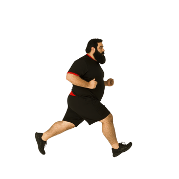 A bearded man in athletic attire is jogging energetically, showcasing determination and focus. He wears black and red shirt with black shorts and shoes, emphasizing his active lifestyle png