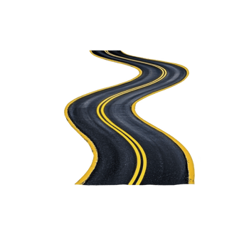A winding road with double yellow lines curves dramatically against transparency background, creating sense of movement and direction. road dark asphalt contrasts with bright yellow lines png