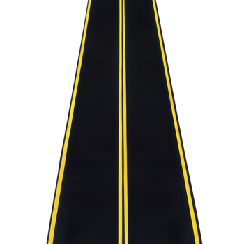 A straight, empty road with bright yellow lines stretches into distance, symbolizing journey or adventure. black asphalt contrasts sharply with vivid yellow, creating sense of direction and focus png