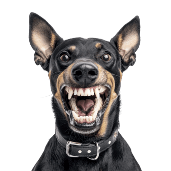 A fierce looking black and tan dog with bared teeth and pointed ears, wearing collar, stands against plain background, showcasing intense expression png