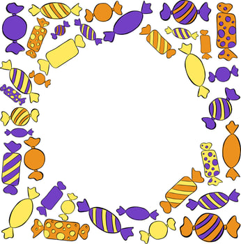 Candy shop lollipops colorful sweets Frame circle round template. graphic line ink illustration. For poster, flyer, banner, invitation, social media, party or sale vector