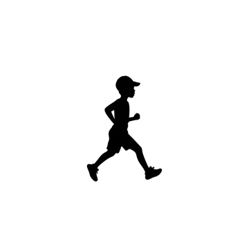 A silhouette of child running, wearing cap and shorts, is depicted against plain background, capturing sense of motion and energy png