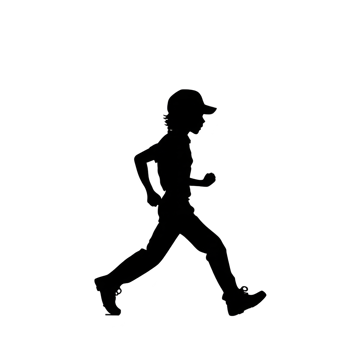 A silhouette of person running, wearing cap and casual clothing, is depicted against plain background, conveying sense of motion and energy png