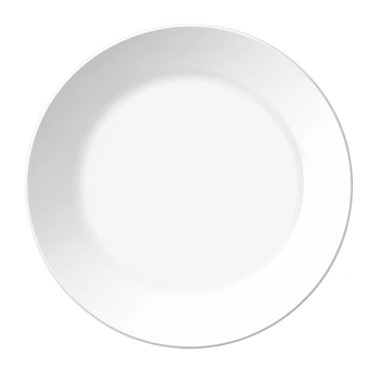 A plain white ceramic plate with smooth surface and simple, elegant design, perfect for serving meals or as decorative piece in minimalist kitchen setting png