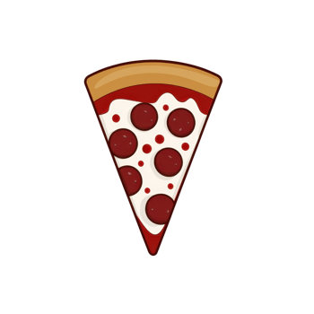 A slice of pepperoni pizza with golden crust and melted cheese, topped with round pepperoni slices, is depicted in simple, cartoon style. image conveys sense of deliciousness and fun png