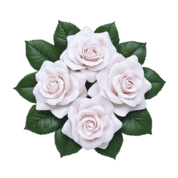A Four delicate white roses with soft pink hues are arranged in circular pattern, surrounded by lush green leaves, creating harmonious and elegant floral display png