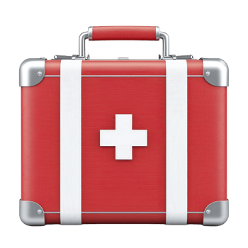 A red first aid kit with white cross symbol, featuring sturdy handle and metal corners, is designed for emergency medical situations. kit is compact and portable, ideal for quick access png