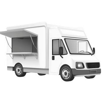 white food truck with open serving window is depicted, showcasing modern design. vehicle is parked, ready for business, and its clean appearance suggests focus on hygiene and professionalism png