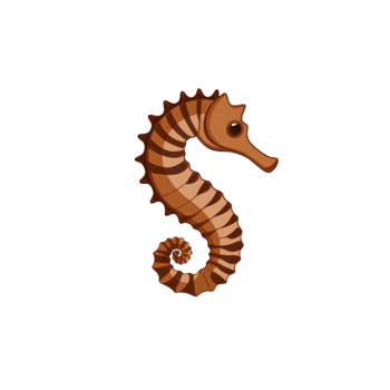 cute, cartoon style seahorse illustration with brown, striped body and curled tail, set against plain background. seahorse has friendly expression png