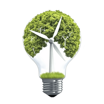 light bulb with tree and wind turbine inside symbolizes renewable energy and sustainability, highlighting concept of eco friendly innovation and green technology png